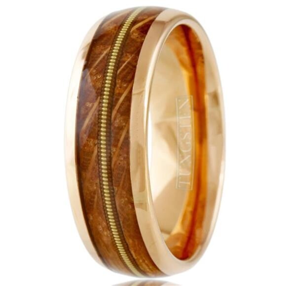 Wedding Band Rings Rose Gold Whiskey Barrel Wood Guitar Design Wedding Rings - Picture 1 of 7